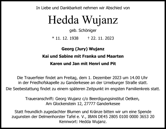 Traueranzeige von Hedda Wujanz von DK Medien GmbH & Co. KG