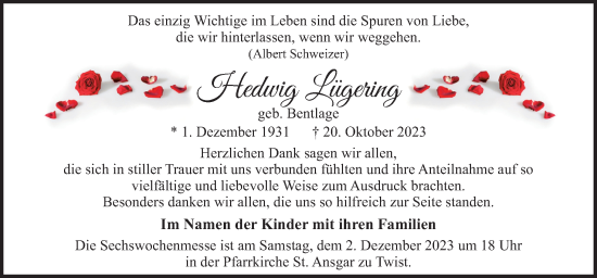 Traueranzeige von Hedwig Lügering von Neue Osnabrücker Zeitung GmbH & Co. KG