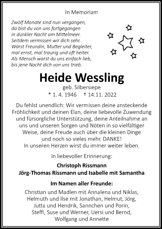 Traueranzeige von Heide Wessling von Neue Osnabrücker Zeitung GmbH & Co. KG