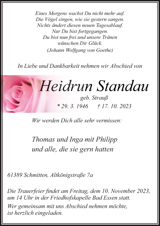 Traueranzeige von Heidrun Standau von Neue Osnabrücker Zeitung GmbH & Co. KG