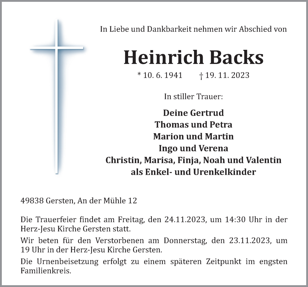  Traueranzeige für Heinrich Backs vom 21.11.2023 aus Neue Osnabrücker Zeitung GmbH & Co. KG