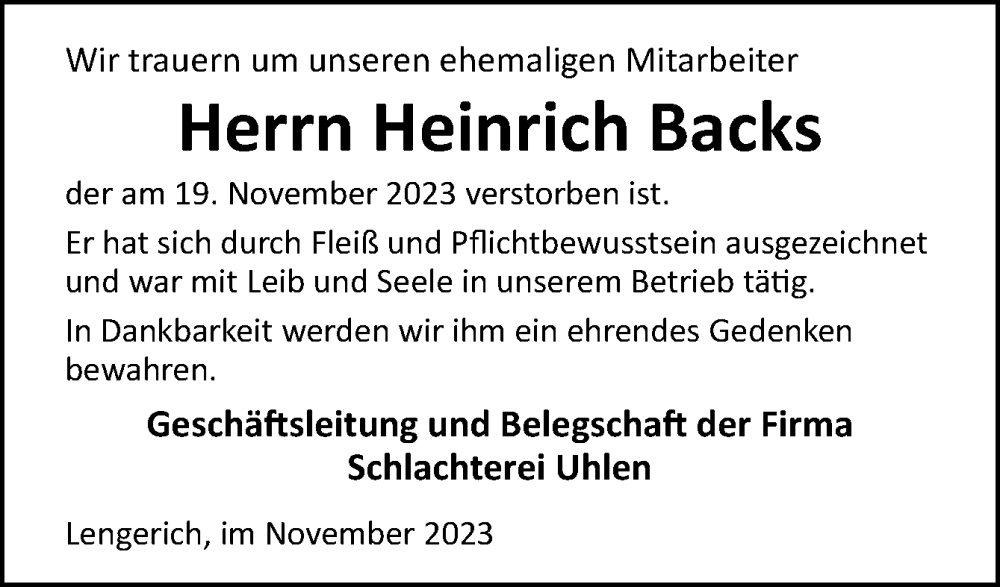  Traueranzeige für Heinrich Backs vom 25.11.2023 aus Neue Osnabrücker Zeitung GmbH & Co. KG
