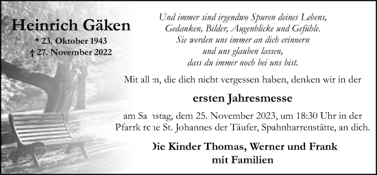 Traueranzeige von Heinrich Gäken von Neue Osnabrücker Zeitung GmbH & Co. KG