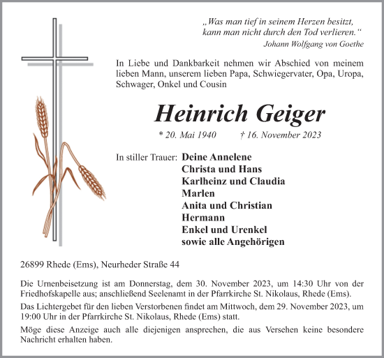 Traueranzeige von Heinrich Geiger von Neue Osnabrücker Zeitung GmbH & Co. KG