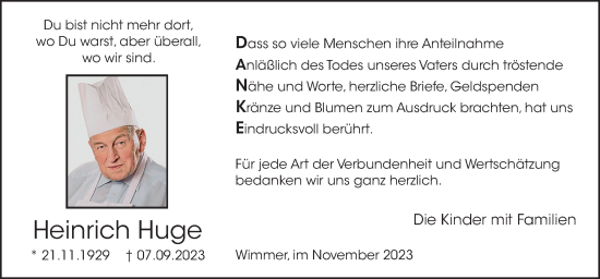 Traueranzeige von Heinrich Huge von Neue Osnabrücker Zeitung GmbH & Co. KG