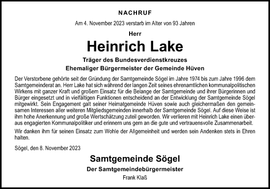 Traueranzeige von Heinrich Lake von Neue Osnabrücker Zeitung GmbH & Co. KG