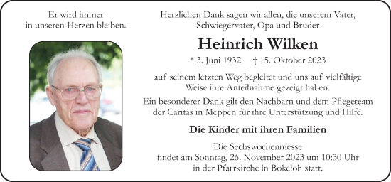 Traueranzeige von Heinrich Wilken von Neue Osnabrücker Zeitung GmbH & Co. KG
