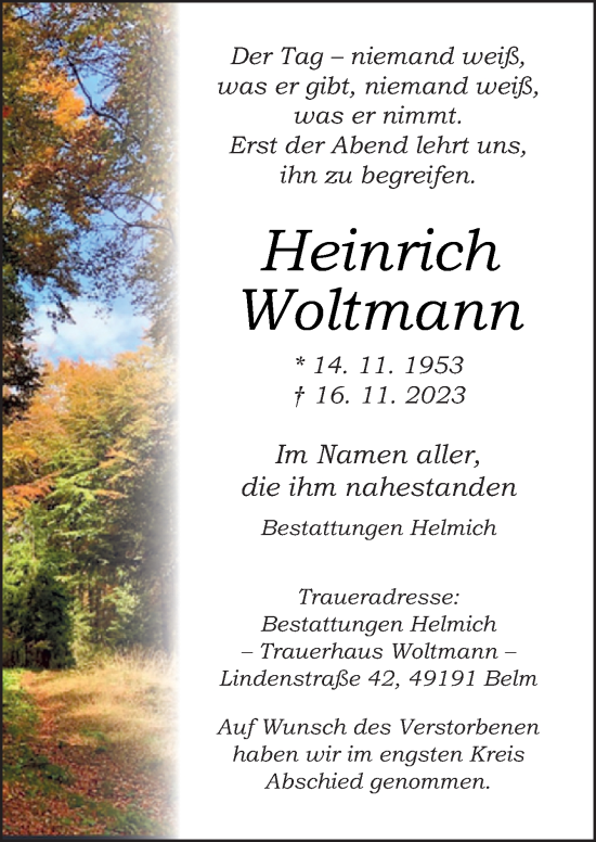 Traueranzeige von Heinrich Woltmann von Neue Osnabrücker Zeitung GmbH & Co. KG