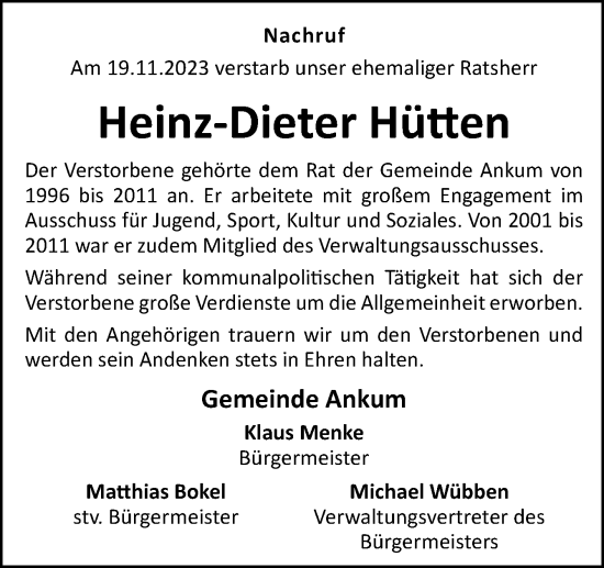 Traueranzeige von Heinz-Dieter Hütten von Neue Osnabrücker Zeitung GmbH & Co. KG
