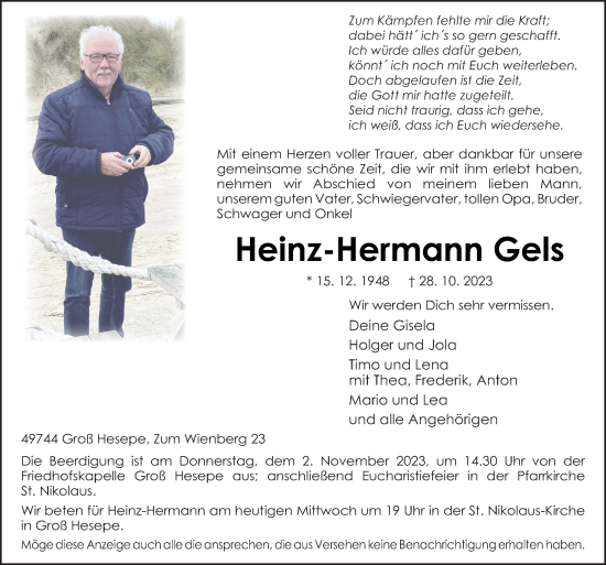 Traueranzeige von Heinz-Hermann Gels von Neue Osnabrücker Zeitung GmbH & Co. KG