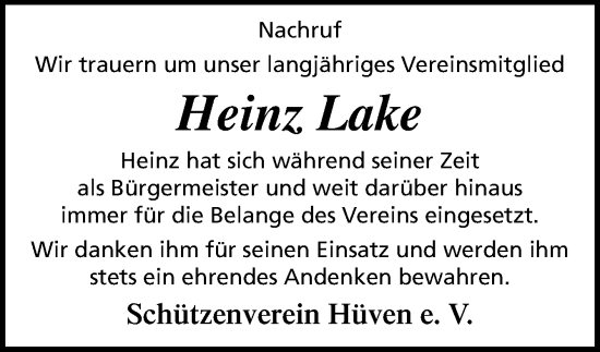 Traueranzeige von Heinz Lake von Neue Osnabrücker Zeitung GmbH & Co. KG