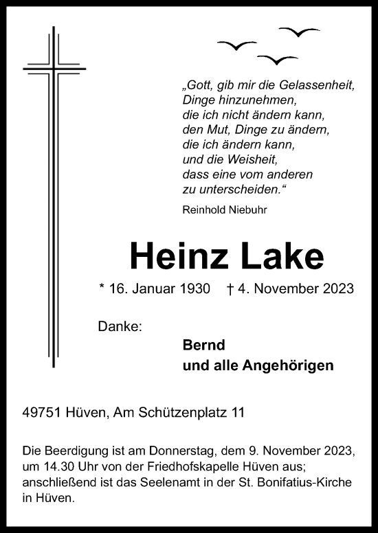 Traueranzeige von Heinz Lake von Neue Osnabrücker Zeitung GmbH & Co. KG