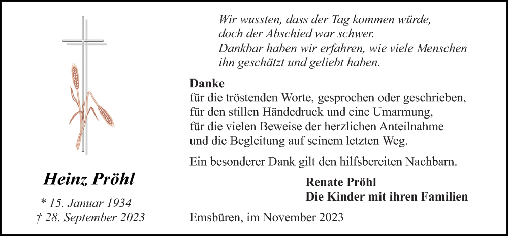  Traueranzeige für Heinz Pröhl vom 04.11.2023 aus Neue Osnabrücker Zeitung GmbH & Co. KG