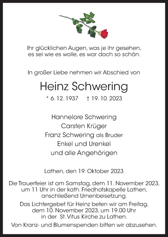 Traueranzeige von Heinz Schwering von Neue Osnabrücker Zeitung GmbH & Co. KG