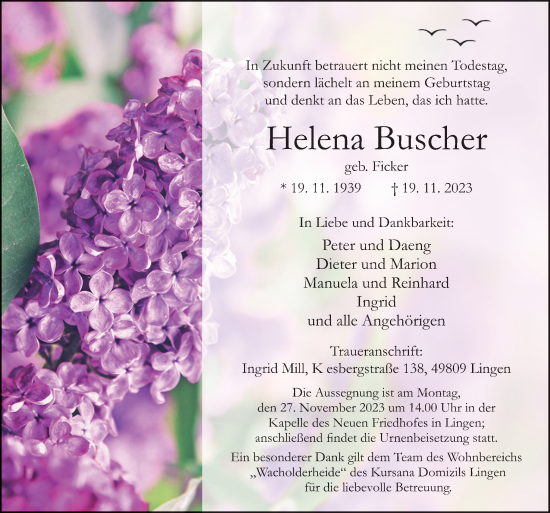 Traueranzeige von Helena Buscher von Neue Osnabrücker Zeitung GmbH & Co. KG