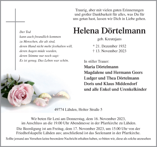 Traueranzeige von Helena Dörtelmann von Neue Osnabrücker Zeitung GmbH & Co. KG