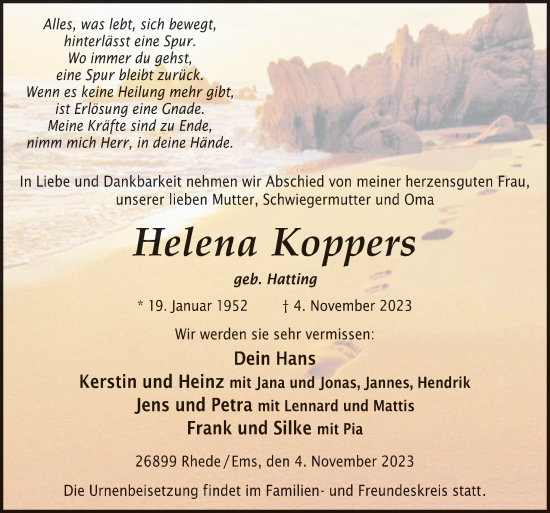 Traueranzeige von Helena Koppers von Neue Osnabrücker Zeitung GmbH & Co. KG