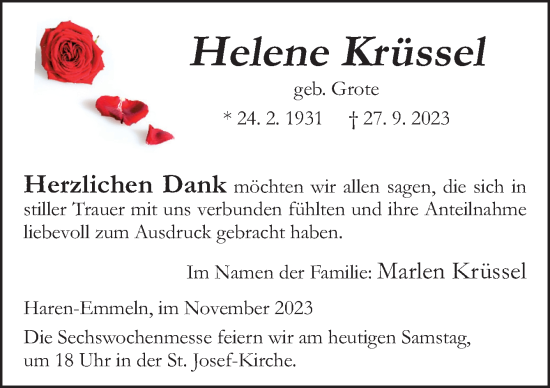 Traueranzeige von Helene Krüssel von Neue Osnabrücker Zeitung GmbH & Co. KG