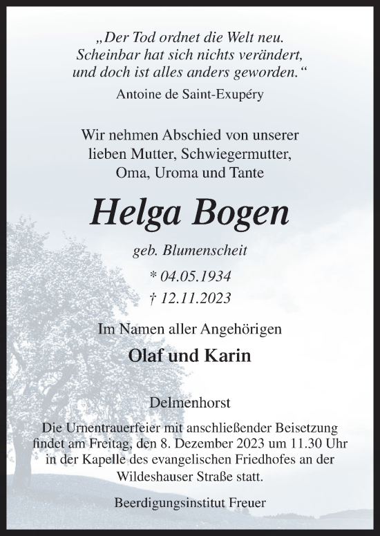Traueranzeige von Helga Bogen von DK Medien GmbH & Co. KG