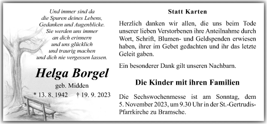 Traueranzeige von Helga Borgel von Neue Osnabrücker Zeitung GmbH & Co. KG