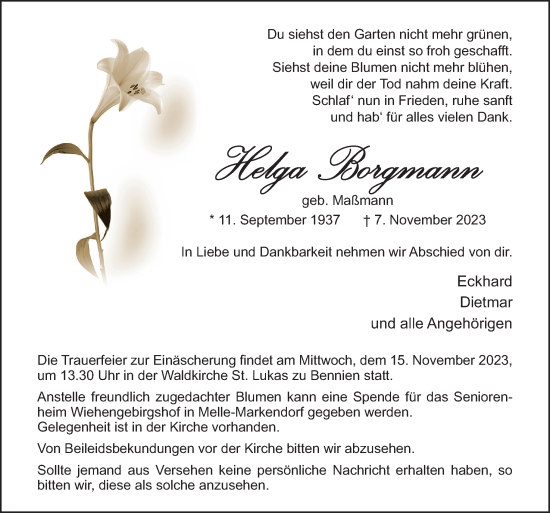 Traueranzeige von Helga Borgmann von Neue Osnabrücker Zeitung GmbH & Co. KG