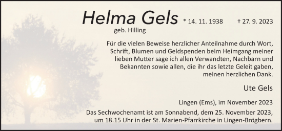 Traueranzeige von Helma Gels von Neue Osnabrücker Zeitung GmbH & Co. KG