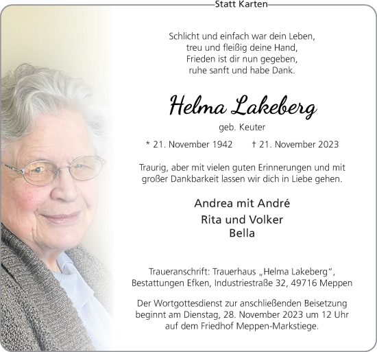 Traueranzeige von Helma Lakeberg von Neue Osnabrücker Zeitung GmbH & Co. KG