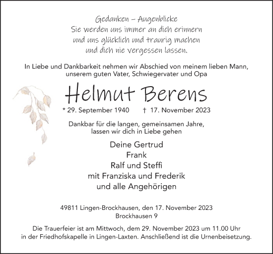 Traueranzeige von Helmut Berens von Neue Osnabrücker Zeitung GmbH & Co. KG