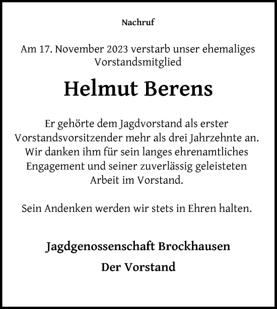 Traueranzeige von Helmut Berens von Neue Osnabrücker Zeitung GmbH & Co. KG