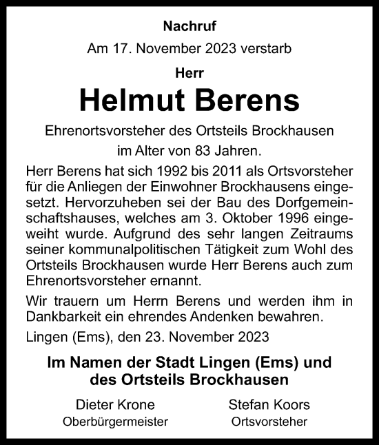 Traueranzeige von Helmut Berens von Neue Osnabrücker Zeitung GmbH & Co. KG