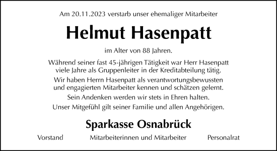 Traueranzeige von Helmut Hasenpatt von Neue Osnabrücker Zeitung GmbH & Co. KG