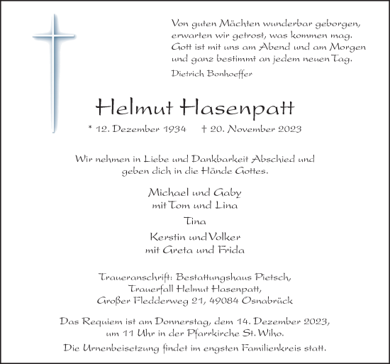 Traueranzeige von Helmut Hasenpatt von Neue Osnabrücker Zeitung GmbH & Co. KG