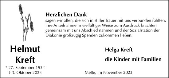 Traueranzeige von Helmut Kreft von Neue Osnabrücker Zeitung GmbH & Co. KG