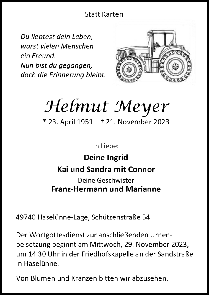  Traueranzeige für Helmut Meyer vom 25.11.2023 aus Neue Osnabrücker Zeitung GmbH & Co. KG