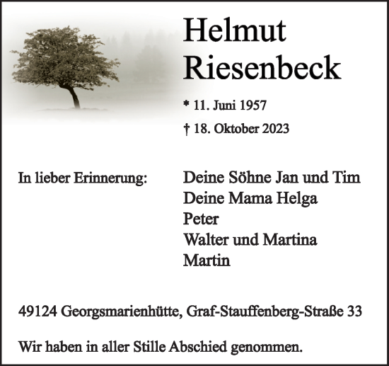 Traueranzeige von Helmut Riesenbeck von Neue Osnabrücker Zeitung GmbH & Co. KG