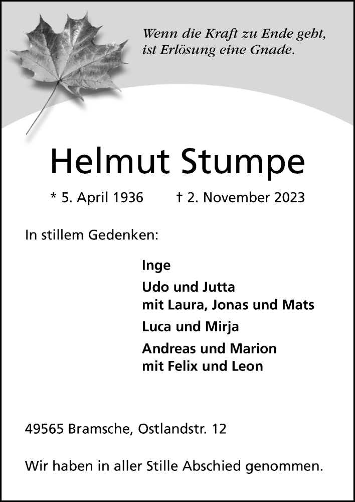  Traueranzeige für Helmut Stumpe vom 20.11.2023 aus Neue Osnabrücker Zeitung GmbH & Co. KG