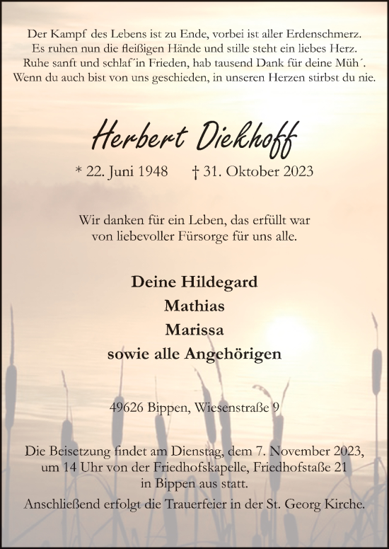 Traueranzeige von Herbert Diekhoff von Neue Osnabrücker Zeitung GmbH & Co. KG