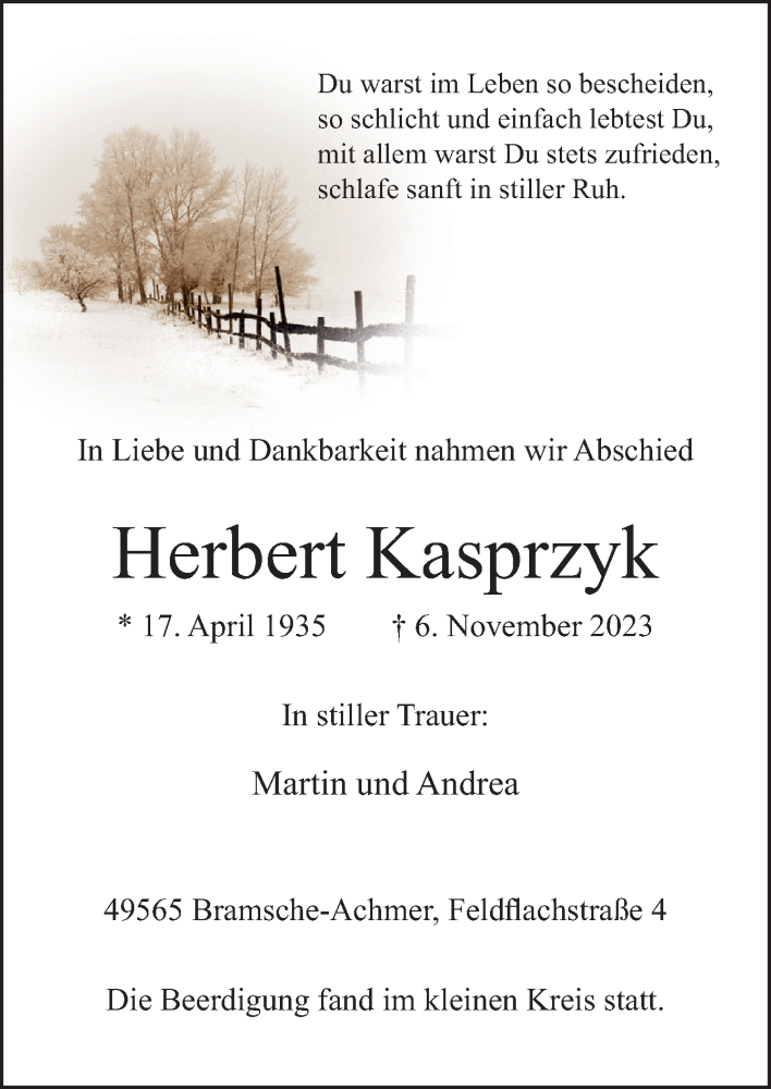  Traueranzeige für Herbert Kasprzyk vom 16.11.2023 aus Neue Osnabrücker Zeitung GmbH & Co. KG