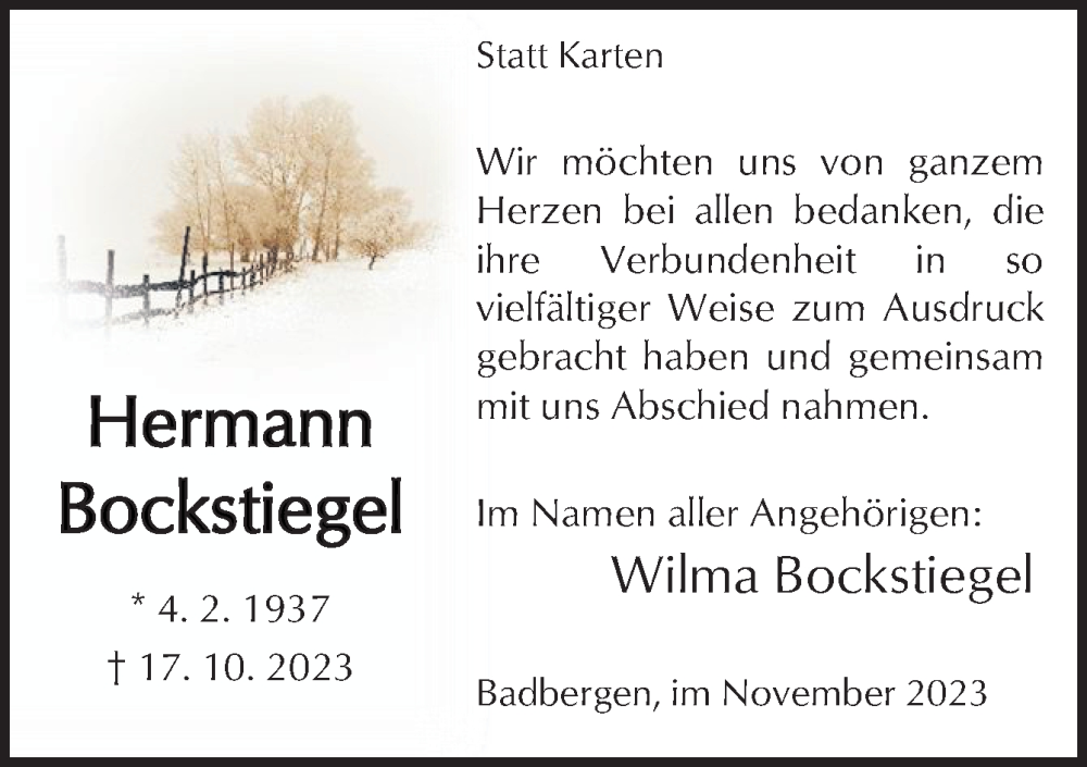  Traueranzeige für Hermann Bockstiegel vom 20.11.2023 aus Neue Osnabrücker Zeitung GmbH & Co. KG