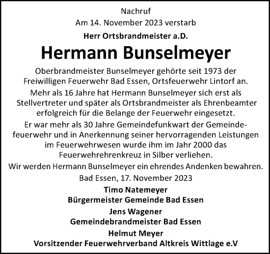 Traueranzeige von Hermann Bunselmeyer von Neue Osnabrücker Zeitung GmbH & Co. KG