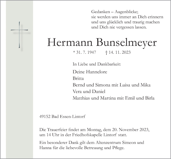 Traueranzeige von Hermann Bunselmeyer von Neue Osnabrücker Zeitung GmbH & Co. KG