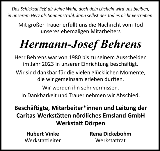 Traueranzeige von Hermann-Josef Behrens von Neue Osnabrücker Zeitung GmbH & Co. KG