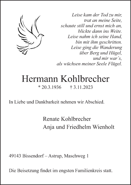 Traueranzeige von Hermann Kohlbrecher von Neue Osnabrücker Zeitung GmbH & Co. KG