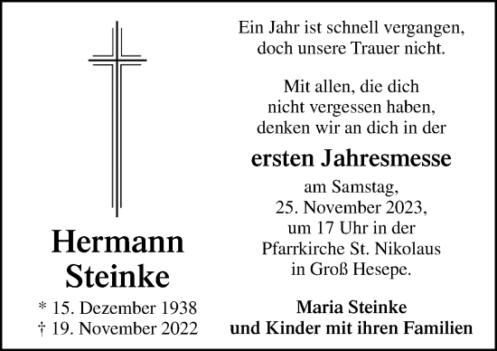 Traueranzeige von Hermann Steinke von Neue Osnabrücker Zeitung GmbH & Co. KG