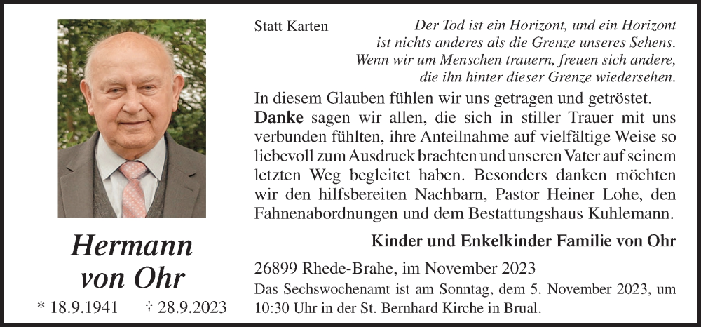  Traueranzeige für Hermann von Ohr vom 03.11.2023 aus Neue Osnabrücker Zeitung GmbH & Co. KG