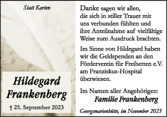 Traueranzeige von Hildegard Frankenberg von Neue Osnabrücker Zeitung GmbH & Co. KG