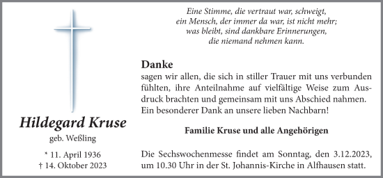 Traueranzeige von Hildegard Kruse von Neue Osnabrücker Zeitung GmbH & Co. KG