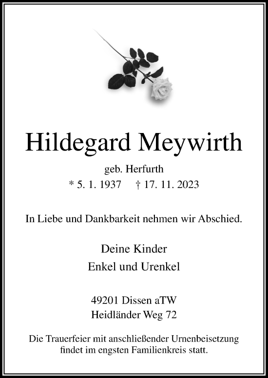 Traueranzeige von Hildegard Meywirth von Neue Osnabrücker Zeitung GmbH & Co. KG