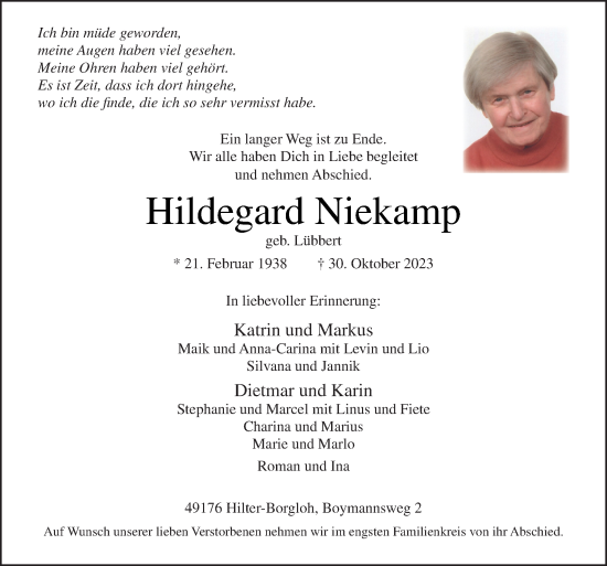 Traueranzeige von Hildegard Niekamp von Neue Osnabrücker Zeitung GmbH & Co. KG