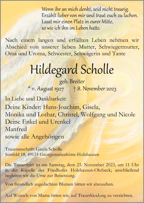 Traueranzeige von Hildegard Scholle von Neue Osnabrücker Zeitung GmbH & Co. KG